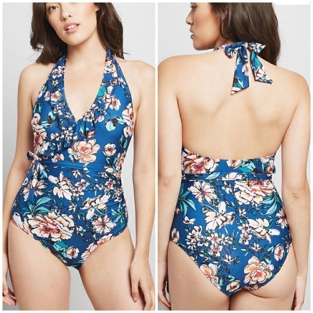 NEW ModCloth Blue Floral Reese One Piece Swimsuit